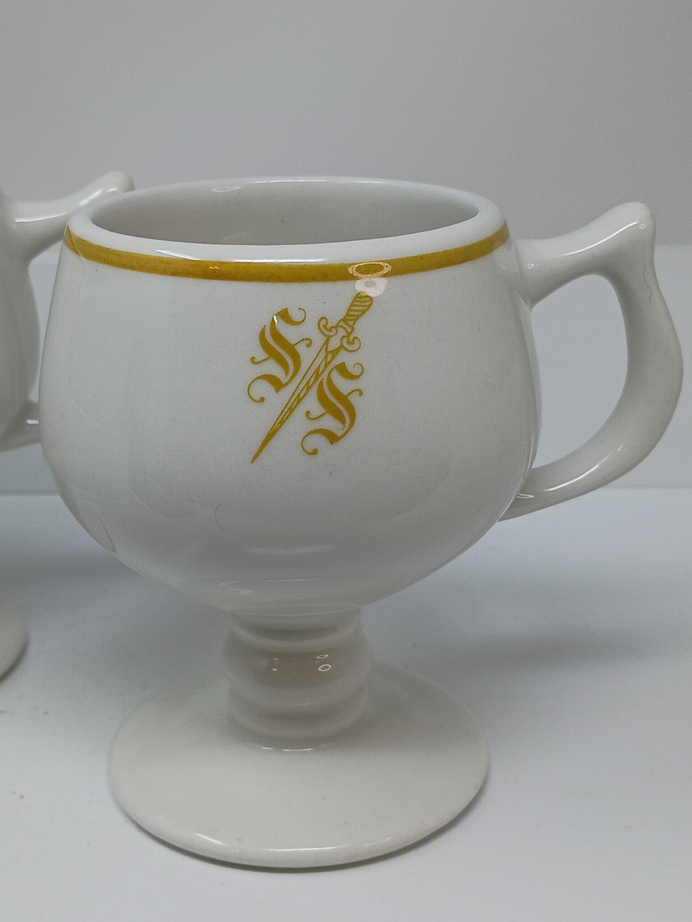 Sterling China, White Ceramic Pedestal Mugs with Gold Trim & Emblem - Set of 2 - Picture 3 of 12